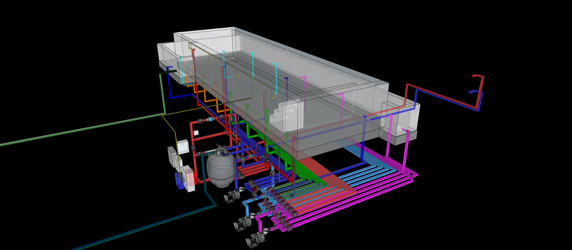Étude 3D d'une piscine à débordement à Uccle : bassin, réseaux hydrauliques en couleur, filtre et pompes